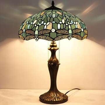 WERFACTORY Tiffany Lamp Sea Blue Stained Glass Bedside Table Lamp Dragonfly Style Desk Reading Light Metal Base 16X16X24 Inches Decor Bedroom Living Room Home Office S147 Series