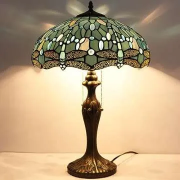 WERFACTORY Tiffany Lamp Sea Blue Stained Glass Bedside Table Lamp Dragonfly Style Desk Reading Light Metal Base 16X16X24 Inches Decor Bedroom Living Room Home Office S147 Series