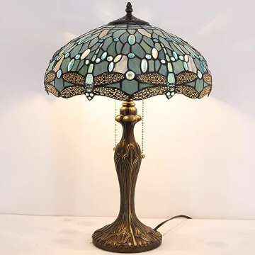WERFACTORY Tiffany Lamp Sea Blue Stained Glass Bedside Table Lamp Dragonfly Style Desk Reading Light Metal Base 16X16X24 Inches Decor Bedroom Living Room Home Office S147 Series