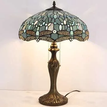 WERFACTORY Tiffany Lamp Sea Blue Stained Glass Bedside Table Lamp Dragonfly Style Desk Reading Light Metal Base 16X16X24 Inches Decor Bedroom Living Room Home Office S147 Series