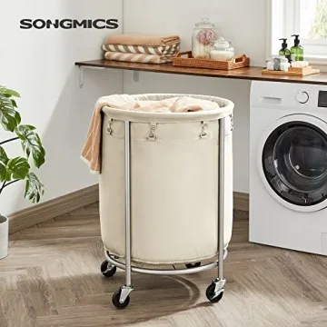 SONGMICS Rolling Laundry Hamper with Wheels 45 Gal Cream Silver