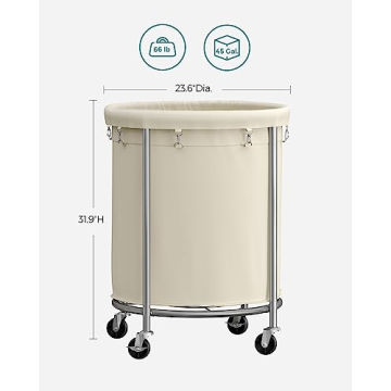 SONGMICS Rolling Laundry Hamper with Wheels 45 Gal Cream Silver