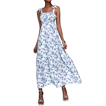 MakeMeChic Women's Summer Beach Boho Dress Casual Floral Spaghetti Strap Square Neck Long Maxi Sun D...