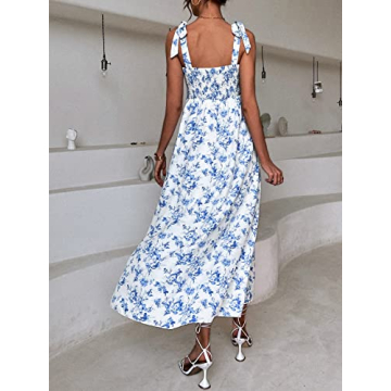 MakeMeChic Women's Summer Beach Boho Dress Casual Floral Spaghetti Strap Square Neck Long Maxi Sun Dresses White and Blue A L