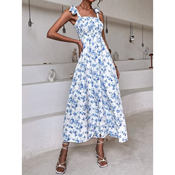 MakeMeChic Women's Summer Beach Boho Dress Casual Floral Spaghetti Strap Square Neck Long Maxi Sun Dresses White and Blue A L