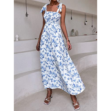 MakeMeChic Women's Summer Beach Boho Dress Casual Floral Spaghetti Strap Square Neck Long Maxi Sun Dresses White and Blue A L