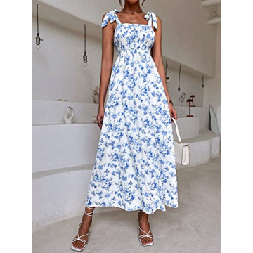 MakeMeChic Women's Summer Beach Boho Dress Casual Floral Spaghetti Strap Square Neck Long Maxi Sun Dresses White and Blue A L