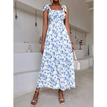MakeMeChic Women's Summer Beach Boho Dress Casual Floral Spaghetti Strap Square Neck Long Maxi Sun Dresses White and Blue A L