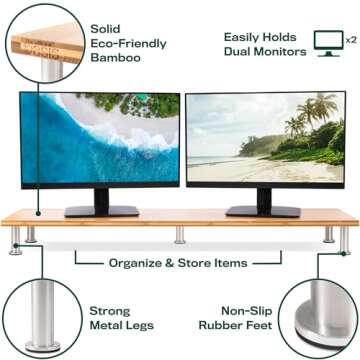 The Original Bamboo Dual Monitor Stand (As Seen On PBS) - 42 Inch Large Monitor Riser for Computer Screens, Laptop or TV - Desk Shelf Adds Storage Space and Improves Ergonomics - Natural