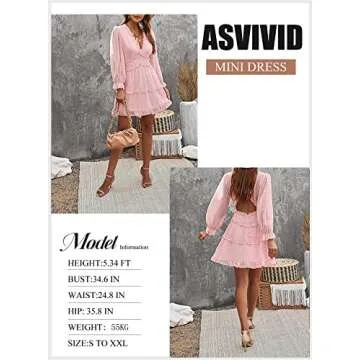 Asvivid Womens Summer Casual Long Sleeve Tunic Dress V Neck Loose Flowy Swing Skater Mini Dress Boho Chiffon Mini Dress V Neck Bubbles Tunic Dress Pink L
