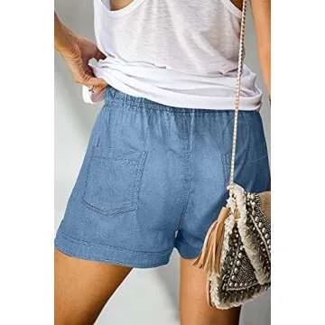 ONLYSHE Women Juniors Summer Casual Fashion Frayed Raw Hem Tencel Ripped Drawstring Elastic Waist Denim Jean Shorts with Pockets Blue-S