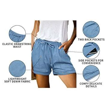 ONLYSHE Women Juniors Summer Casual Fashion Frayed Raw Hem Tencel Ripped Drawstring Elastic Waist Denim Jean Shorts with Pockets Blue-S
