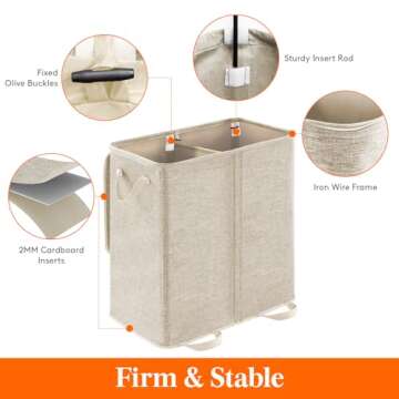 Lifewit Double Laundry Hamper with Lid and Removable Laundry Bags, Large Collapsible 2 Dividers Dirty Clothes Basket with Handles for Bedroom, Laundry Room, Closet, Bathroom, College, Beige