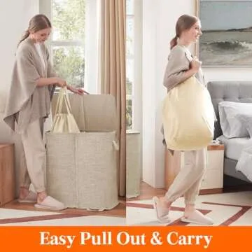 Lifewit Double Laundry Hamper with Lid and Removable Laundry Bags, Large Collapsible 2 Dividers Dirty Clothes Basket with Handles for Bedroom, Laundry Room, Closet, Bathroom, College, Beige