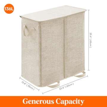 Lifewit Double Laundry Hamper with Lid and Removable Laundry Bags, Large Collapsible 2 Dividers Dirty Clothes Basket with Handles for Bedroom, Laundry Room, Closet, Bathroom, College, Beige