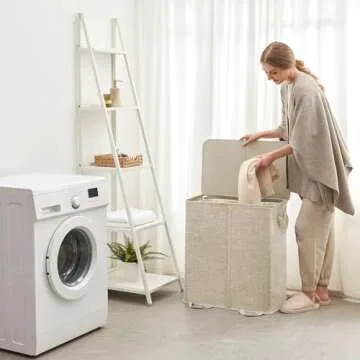 Lifewit Double Laundry Hamper with Lid and Removable Laundry Bags, Large Collapsible 2 Dividers Dirty Clothes Basket with Handles for Bedroom, Laundry Room, Closet, Bathroom, College, Beige