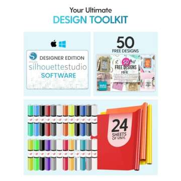 Silhouette Cameo 5 Bundle - Professional Vinyl Cutter Machine, 24 Adhesive Vinyl Rolls & AutoBlade - Includes Roll Feeder, Designer Edition Software & 50 Free Designs (Black)