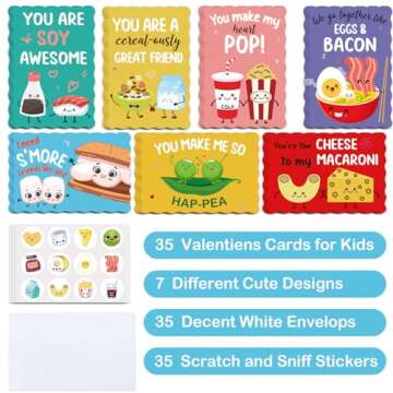 Joyseller Pack of 35 Valentines Day Cards for Kids School | 7 Assorted Designs of Valentines Cards with 35 Scented Stickers & 35 Envelops | Valentines Gifts for Boys Girls Classroom Exchange