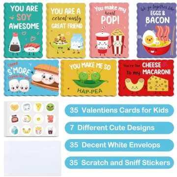 Joyseller Pack of 35 Valentines Day Cards for Kids School | 7 Assorted Designs of Valentines Cards with 35 Scented Stickers & 35 Envelops | Valentines Gifts for Boys Girls Classroom Exchange
