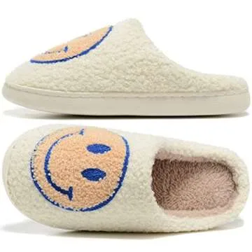 Women Men Retro Fuzzy Face Slippers Retro Soft Fluffy Warm Home Non-Slip Couple Style Casual Happy Face Slippers Soft Memory Foam Fuzzy Slides Indoor Outdoor Anti-Skid Warm Cozy Foam Slide