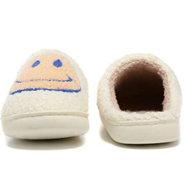 Women Men Retro Fuzzy Face Slippers Retro Soft Fluffy Warm Home Non-Slip Couple Style Casual Happy Face Slippers Soft Memory Foam Fuzzy Slides Indoor Outdoor Anti-Skid Warm Cozy Foam Slide