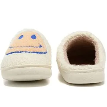 Women Men Retro Fuzzy Face Slippers Retro Soft Fluffy Warm Home Non-Slip Couple Style Casual Happy Face Slippers Soft Memory Foam Fuzzy Slides Indoor Outdoor Anti-Skid Warm Cozy Foam Slide