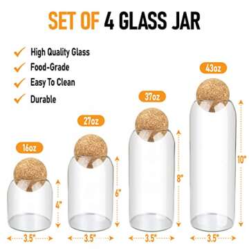 HOMEARAY Glass Food Storage Jars with Lids – Premium Transparent Cereal Jars Storage with Ball Cork Lid – Flour and Sugar Jars with Cork Stopper – Ideal for Storing Your Food