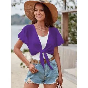 ZAFUL Women Tie Front Chiffon Shrug Short Sleeve Cropped Sheer Bolero Shrug Cardigan Purple S