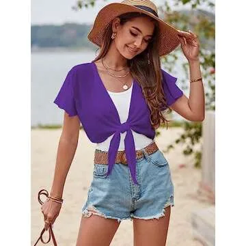 ZAFUL Women Tie Front Chiffon Shrug Short Sleeve Cropped Sheer Bolero Shrug Cardigan Purple S