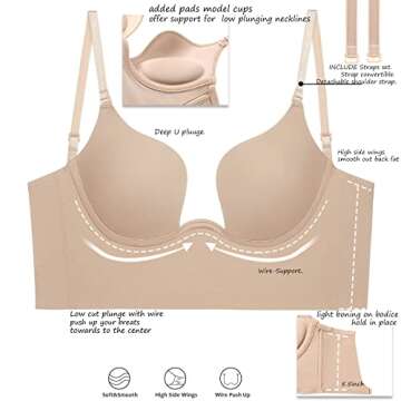 sealsea Womens Low Back Bra Wire Lifting Deep U Shaped Plunge Backless Bra with Convertible Clear Straps