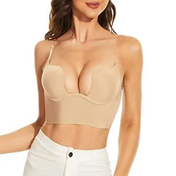sealsea Womens Low Back Bra Wire Lifting Deep U Shaped Plunge Backless Bra with Convertible Clear Straps