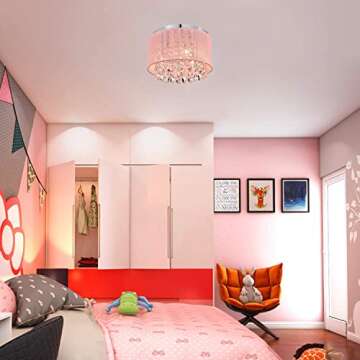 LaLuLa Pink Chandelier Drum Flush Mount Chandelier Crystal Ceiling Light Fixture 3 Light Bedroom Chandelier