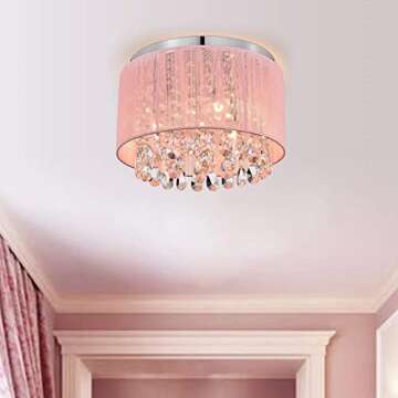 LaLuLa Pink Chandelier Drum Flush Mount Chandelier Crystal Ceiling Light Fixture 3 Light Bedroom Chandelier