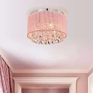 LaLuLa Pink Chandelier Drum Flush Mount Chandelier Crystal Ceiling Light Fixture 3 Light Bedroom Chandelier