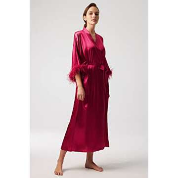 PRODESIGN Satin Kimono Robe Long Silky Bath Robe with Ostrich Feather Trim Sleepwear Wedding Bridesmaid Robe