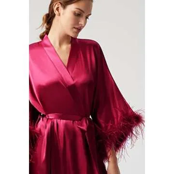 PRODESIGN Satin Kimono Robe Long Silky Bath Robe with Ostrich Feather Trim Sleepwear Wedding Bridesmaid Robe