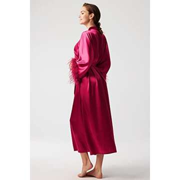PRODESIGN Satin Kimono Robe Long Silky Bath Robe with Ostrich Feather Trim Sleepwear Wedding Bridesmaid Robe