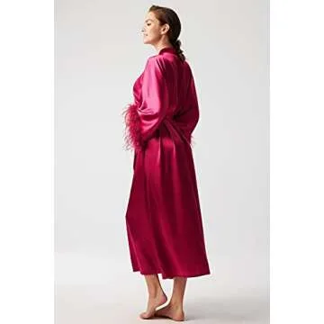 PRODESIGN Satin Kimono Robe Long Silky Bath Robe with Ostrich Feather Trim Sleepwear Wedding Bridesmaid Robe