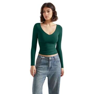 SUUKSESS Women Double Lined V Neck Going Out Crop Long Sleeve Tank Top Casual Fitted Slim Trendy Cut...