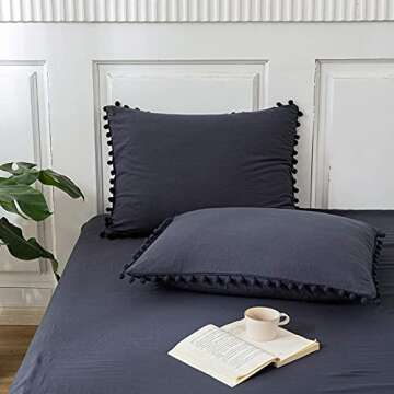 Navy Blue Pom Poms Pillowcases, Dark Blue Standard Queen 20x30 Inches Pillowcases Set of 2, 100% Was...