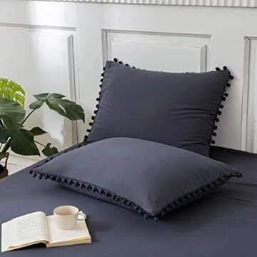 Navy Blue Pom Poms Pillowcases, Dark Blue Standard Queen 20x30 Inches Pillowcases Set of 2, 100% Washed Microfiber, Navy Fringe Pillow Shams, 2 Pack (Standard, Navy Blue)