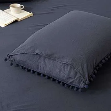 Navy Blue Pom Poms Pillowcases, Dark Blue Standard Queen 20x30 Inches Pillowcases Set of 2, 100% Washed Microfiber, Navy Fringe Pillow Shams, 2 Pack (Standard, Navy Blue)