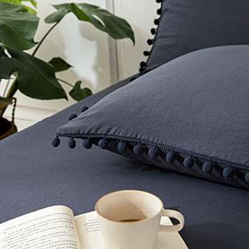 Navy Blue Pom Poms Pillowcases, Dark Blue Standard Queen 20x30 Inches Pillowcases Set of 2, 100% Washed Microfiber, Navy Fringe Pillow Shams, 2 Pack (Standard, Navy Blue)