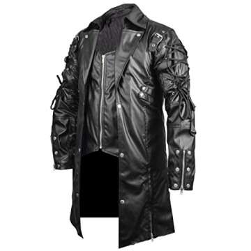 Dizller Steampunk Gothic Mens Trench Faux Leather Coat XXS-5XL (Black, 5XL (54" - 55"))