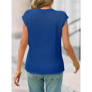 Saodimallsu Womens Summer Cap Sleeve Tops V Neck Casual Loose Fit Knit Lightweight Going Out Sweater Pullover Top Navy