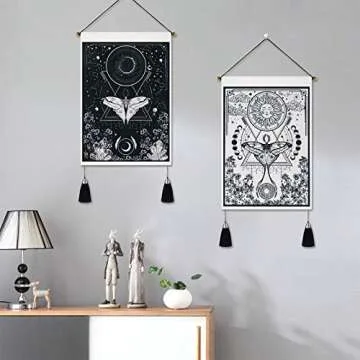 Lyacmy Pack of 2 Tapestry Sun and Moon Tapestry Moth Tapestries Black and White Tapestry Flower Vine Tapestry Wall Hanging for Room (13.8 x 19.7 inches)