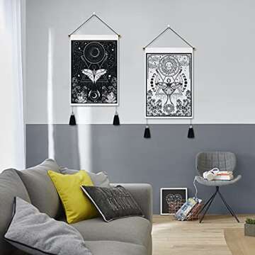 Lyacmy Pack of 2 Tapestry Sun and Moon Tapestry Moth Tapestries Black and White Tapestry Flower Vine Tapestry Wall Hanging for Room (13.8 x 19.7 inches)