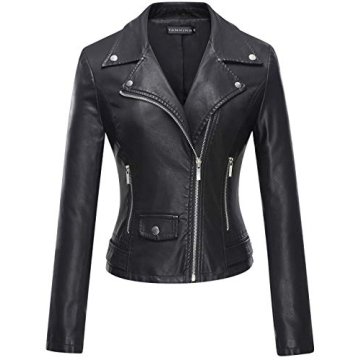 Tanming Womenâ€™s Short Faux Leather Moto Jacket