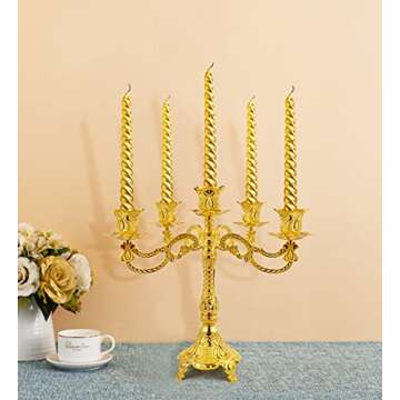 FANWNKI 5-Candle Metal Candelabra 10.3 Inch Tall Candlestick Candle Holders for Home Decor Wedding Christmas Church Halloween Party, Gold Tulip