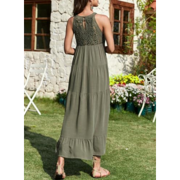 Dokotoo Womens Maxi Dresses Floral Lace Sleeveless Keyhole Flowy Vacation Dresses 2024 Spring Summer Beach Coverup Dresses Casual Halter Sun Dress Green Medium